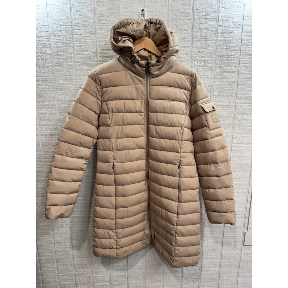Lauren Ralph Lauren Puffer Coat Women Tan Quilted Hooded Mid-Length Size M